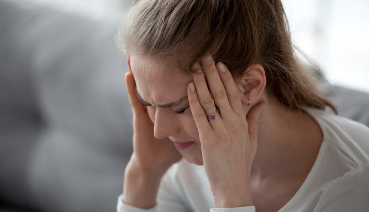 Stressed,Young,Sick,Woman,Having,Strong,Terrible,Headache,Suffering,From