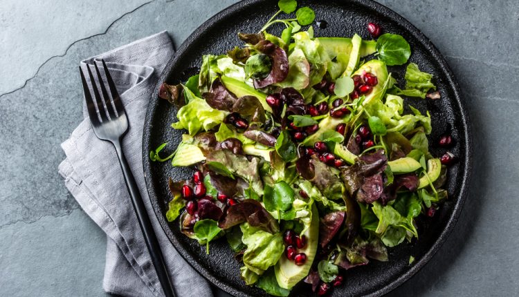 Healthy,Lettuce,Salad,With,Watercress,Salad,,Avocado,And,Pomegranate,On